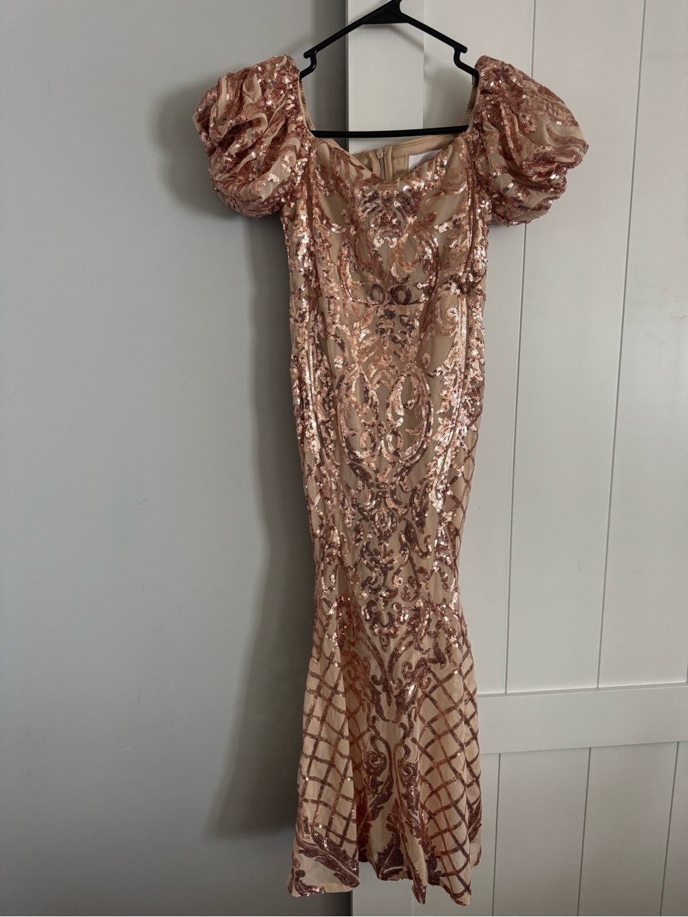 Girls' Rose Gold Sequin Formal Dress with Puff Sleeves